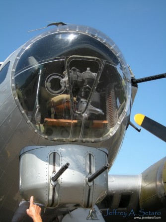 A close-up view of the nose of the Aluminum Overcast..